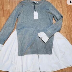 English Factory Women Poplin Gray White Sweater Combo Dress Ret $100 New Sz M